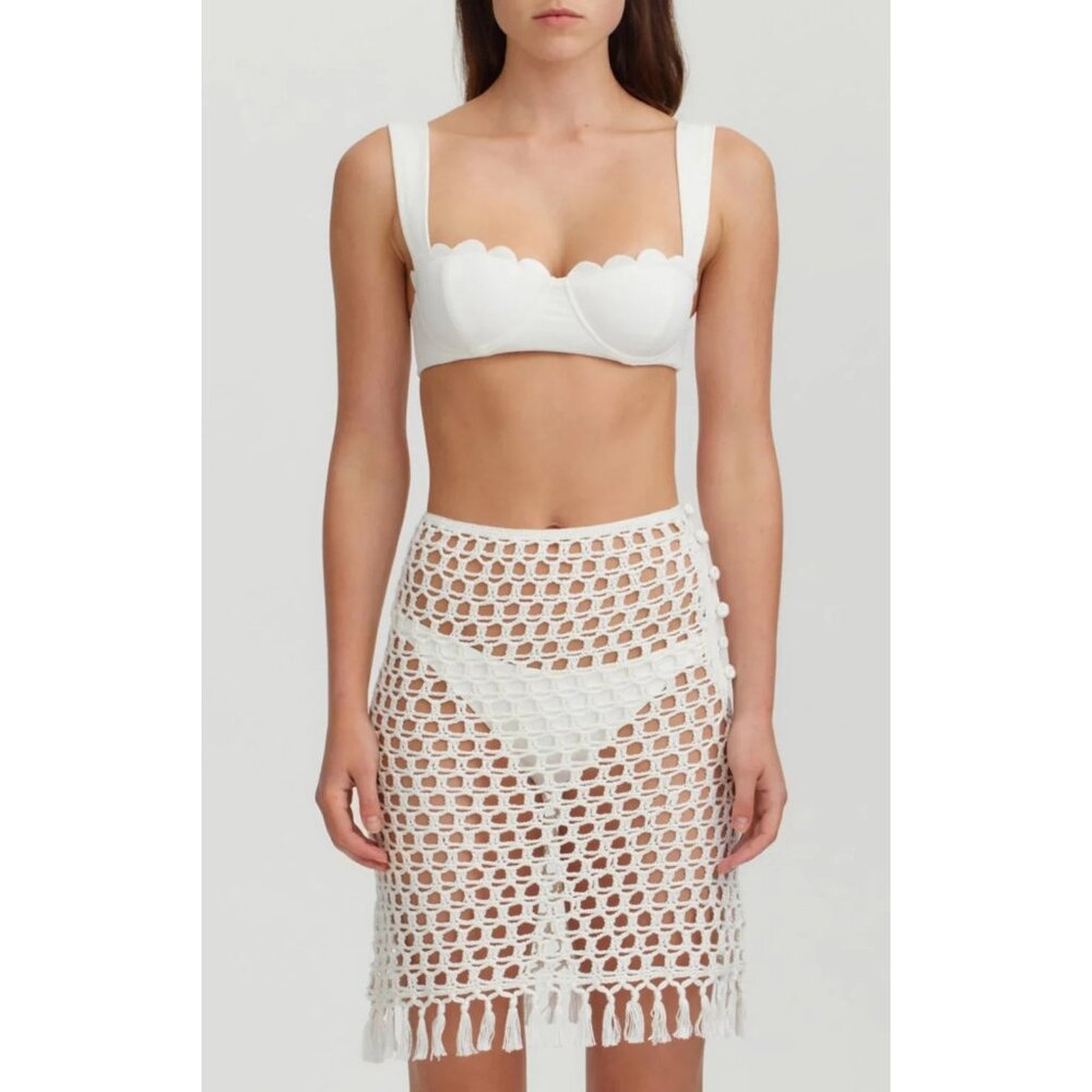 Marysia White Open Crochet Knit Fringe Pool Mini Skirt NWT $489 Size Small